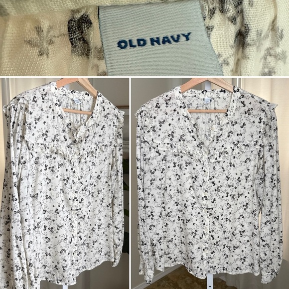 Old Navy Womens White/black Floral Print Button Up Ruffle Accent Long Sleeve L - Picture 1 of 8